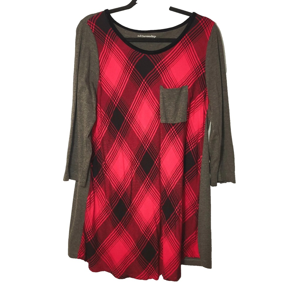 Soft Surrounding Red Buffalo Plaid Front Gray Jersey Tunic Velvet‎ Trim Sz Large